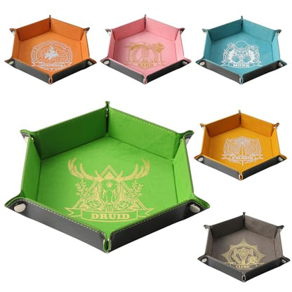 Grajar 6 Pcs DND Dice Tray with Characters Pattern for RPG D&D Table Games - Folding PU Leather and Velvet Rolling Holder Storage Box - color: Character Series 1