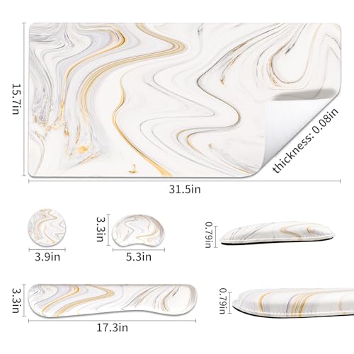 QIYI PU Leather Desk Mat Set, 4-in-1 Ergonomic Wrist Rest, Marble Stripes | Waterproof Large Mouse Pad 31.5×15.7 + Keyboard Wrist Rest + Mouse Wrist Support+Coaster, Non-Slip Office Gaming Accessories - color: White Marble Stripes