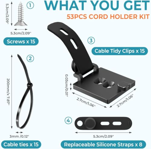 Kanemc Cable Clips Management Under Desk,Adhesive Wire Organizers for Cords | 15 Wire Management Holder with 15 Zip Tie, 15 Screws,Extra 8 Silicone Cable Ties,Cable Clips for Desk,Behind TV, Office,Car