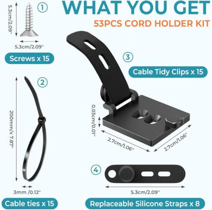 Kanemc Cable Clips Management Under Desk,Adhesive Wire Organizers for Cords | 15 Wire Management Holder with 15 Zip Tie, 15 Screws,Extra 8 Silicone Cable Ties,Cable Clips for Desk,Behind TV, Office,Car