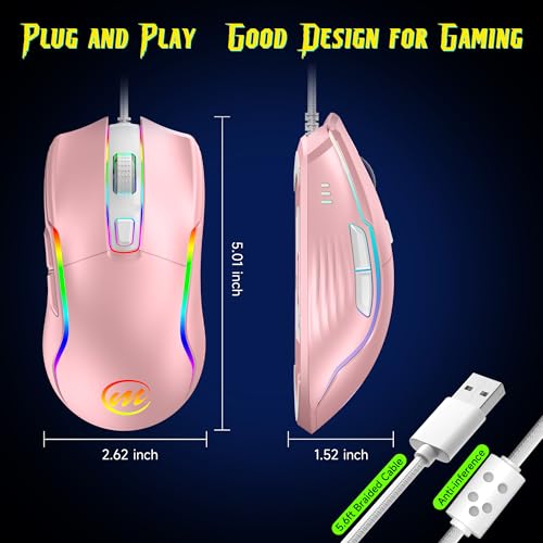 memzuoix Wired Gaming Mouse with RGB - 6 Adjustable DPI up to 12800, 6 Buttons, 12 Lighting Modes, Ergonomic Design with Anti-Slip Rubber Wheel, 5.6ft Braided Cable for PC/Mac/Windows - Pink - color: pink