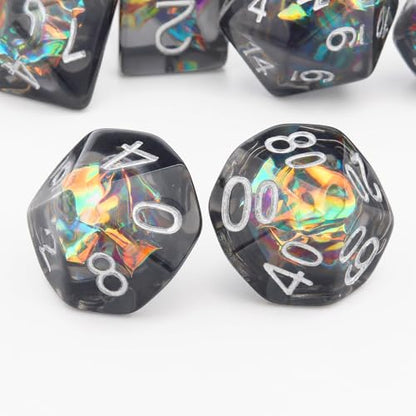 Haxtec DND Dice Set, 7 Pcs Iridescent Resin Polyhedral RPG Dice | Role Playing Games Dice with Velvet Pouch, Compatible with Dungeons and Dragons, Gifts for DM Masters, Black Silver - color: Black Gold Silver