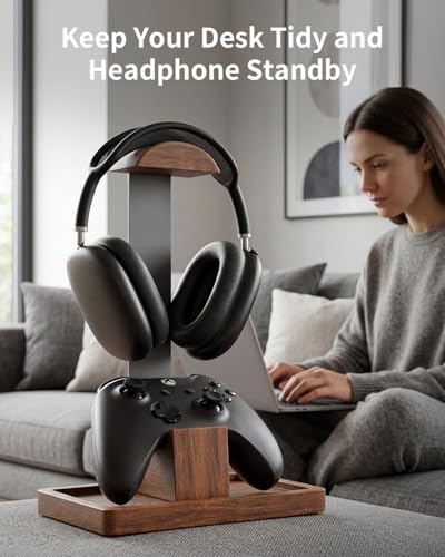 Headphone Stand and Controller Holder, 2-in-1 Walnut Wood Gaming Desk Organizer Compatible with Controllers, Display Mount for AirPods Max, Bose, Sennheiser, Gift for Gamers