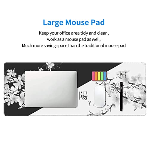 Japanese Black White Cherry Blossom Gaming Mouse Pad XL Extended Large Mousepad with Nonslip Rubber Base Stitched Edges Laptop Computer Keyboard Desk Mat for Office Home Gamer - color: Japanese Black White Cherry Blossom, size: 31.5" x 11.8"