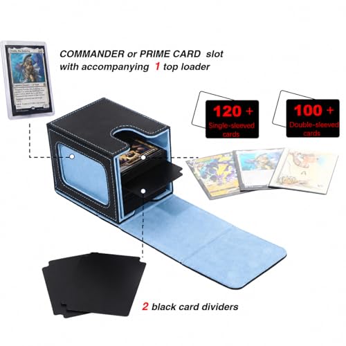 MTG Deck Box with Commander Display Window (Black&Wathet, 1 window) | Holds 120 Single/100 Double-Sleeved Cards, Fit MTG/PTCG/OPTCG Cards, Strong Magnet, PU Leather, With 2 Dividers & 1 Toploader - color: Black and Wathet