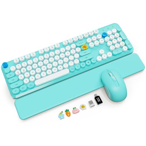 Wireless Keyboard Mouse Combo, Magnetic Wrist Rest, Round Keycap, Aqua Blue | Full-Size Retro Typewriter-Style Keyboard, Two-Stage Tilt Legs, 2.4GHz Cordless for MacOS, Windows PC, Laptop - SABLUTE CK23 - color: Aqua Blue
