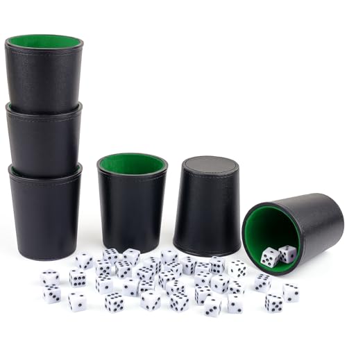 Felt-Lined PU Leather Dice Cup Set, 6 Quiet Dice Shaker Cups with 36 Dices for Bar Party Yahtzee Farkle Dice Games, Black and Green - color: Green