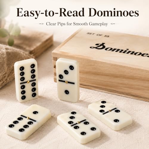 Smilejoy Dominoes Set for Adults, Double Nine Domino Set for Classic Board Games, Dominoes Double 9 for Family Games with Natural Wooden case with Spinner 55pcs