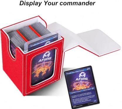 AFIING MTG Deck Box for Commander Display,Card Deck Box Fits 60+ Double Sleeved Cards or 100+single sleeved cards, Magic Commander TCG Card Storage Box with 2 Dividers,Dice Bag(Red/White) - color: Commander Red White