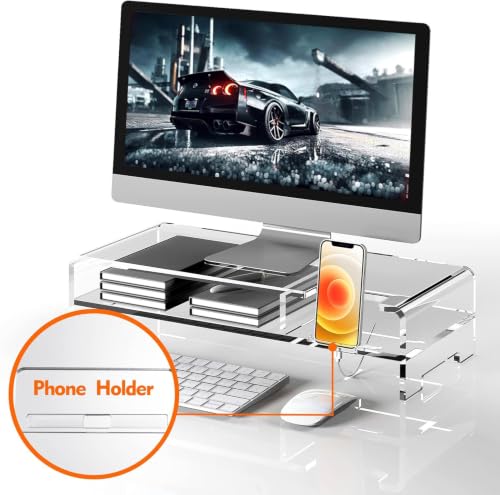 BEYGORM Acrylic Monitor Stand for Full Keyboard, 20" Wide 2-Tier | Clear Riser with Storage Shelf and Phone Holder, Desktop Organizer for Laptop, Printer & Screen