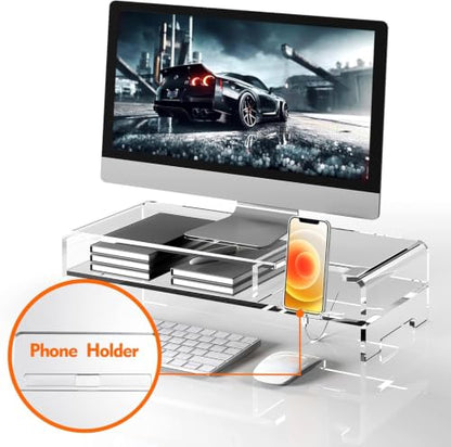 BEYGORM Acrylic Monitor Stand for Full Keyboard, 20" Wide 2-Tier | Clear Riser with Storage Shelf and Phone Holder, Desktop Organizer for Laptop, Printer & Screen