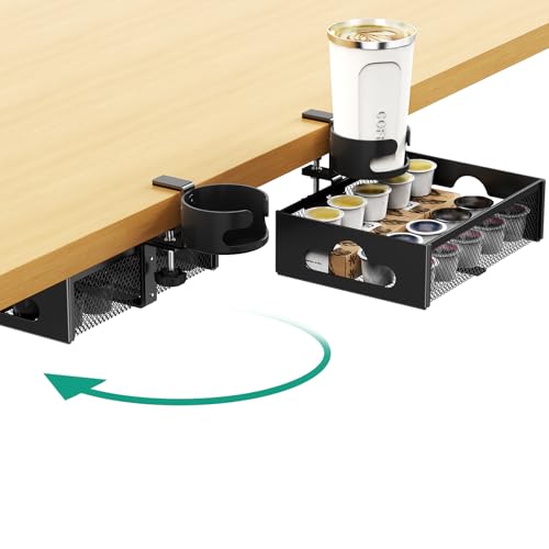 CABTE Desk Cup Holder with Drawer Organizer | Anti-Spill Clip-On Table Cup Hook with 360° Rotation Hidden Storage Box for Office Home Gaming Table (Black) - color: Black