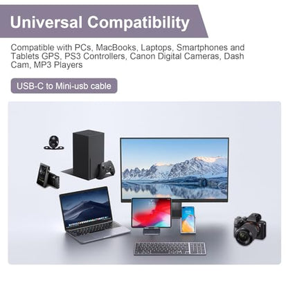 Replacement USB-C to Mini USB Charging Data Transfer Cable Cord Compatible with Canon EOS Rebel T5i T6 T6i T7i, PowerShot ELPH/Rebel/EOS Cameras , PS3 Controller, Dash Cam, for GoPro Hero 3+ 3.3FT