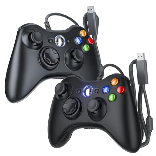 Dinosoo 2 Pack Wired Xbox 360 Controller – Upgraded Joystick, Double Shock, Voice Function – Compatible with Microsoft Xbox 360 & Slim/PC – Black - color: Black