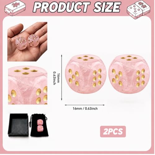 2PCS Natural Gemstone Dice, 16mm Crystal D6 Mahjong Dice Set Stone Dice for Games, Accessories, Tabletop Board Games, Casino Games, Craps, DIY Crafts, Spiritual Decor and Home Decor（Rose Quartz）