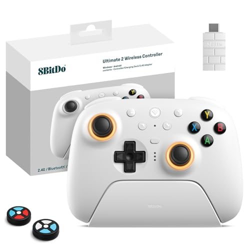 8Bitdo Ultimate 2 Wireless 2.4G Controller (White) | For Windows PC, Apple, Steam & Android, TMR Joystick, Star-Ring RGB Lights, Adjustable Trigger Locks, Charging Dock Included - color: White
