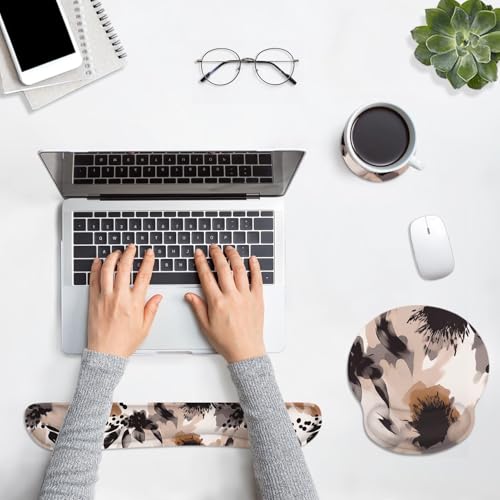 Ergonomic Mouse Pad Set with Wrist Rest, Boho Tribal | Flower Brown Non-Slip Rubber Base Wrist Cushion Support and Coasters Mousepad with Wrist Support for Computer Keyboard - color: Brown Boho Tribal Flower
