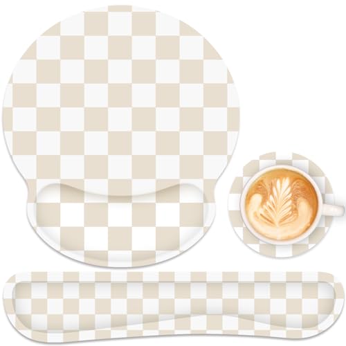Ergonomic Mouse Pad with Wrist Rest and Keyboard Wrist Rest, Mousepad and Keyboard Pad, Non-Slip Rubber Base, Pain Relief, Mouse Pad with Wrist Support for Gaming, Computer, Office, Beige Checkered - color: Beige Checkered