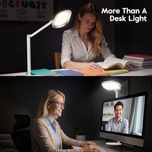 Premium LED Desk Lamp, Dual-Sided Soft Lighting with Knob Remote | Eye-Caring Diffused Light for Home Office, Video Conferencing, Zoom, Reading, Study, Craft, Stepless Dimming & Color, Memory - color: White