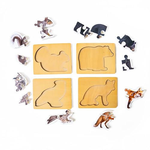 Wooden Montessori Animal Puzzles for Toddlers 2+ Years | Realistic Chunky Woodland Animal Shape Puzzle | Educational Learning Toy - Four-Piece Woodland Creature Puzzles
