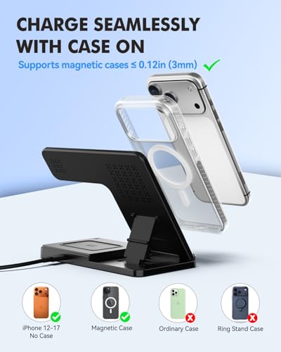 25W MagSafe Charging Station, 3-in-1 Magnetic Wireless Charger Stand | Foldable Phone and Watch Charger for Apple Multiple Devices-iPhone Air 17 16 15 14 13 12 Pro Max, Watch and AirPods-Black
