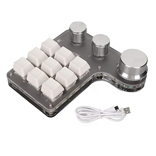 Yoidesu 9 Keys One Handed Mechanical Gaming Keyboard, Mini Keypad Programmable Macro Keyboard with 3 Knobs, USB Shortcut Multifunction Keyboard for PC Computer Gaming (White)