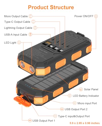 Solar Charger Power Bank 38800mAh, 22.5W USB-C Fast Charging Portable Charger with 4 Built-in Cables, External Battery Pack with Dual LED Emergency Flashlights for Camping, Hiking, Outdoor Use