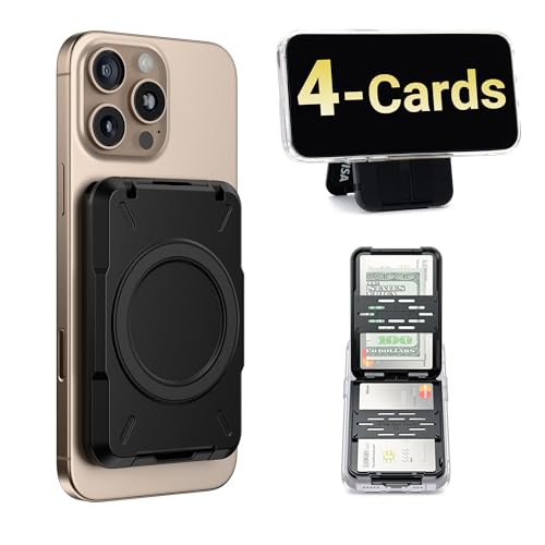 PROfezzion Double Sided Magnetic Wallet 4-Card Holder for MagSafe iPhones | Black, RFID Blocking, Locking Latch, Kickstand, Fits MagSafe Mount Stand Grip for iPhone 17 16 15 14 13 12 Pro Max & More - color: Black