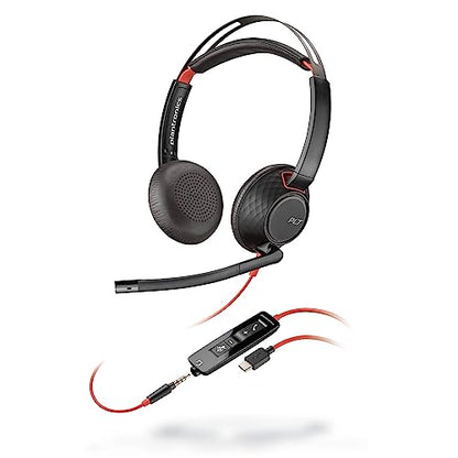Poly Blackwire 5220 Wired Headset - Flexible Boom Mic - Noise Cancelling Headphones with Mic - USB-C, USB-A, 3.5mm - Ergonomic Over-Ear Design - Works with Microsoft Teams, Zoom - Work from Home - style: 2024 Version (USB-C & USB-A)