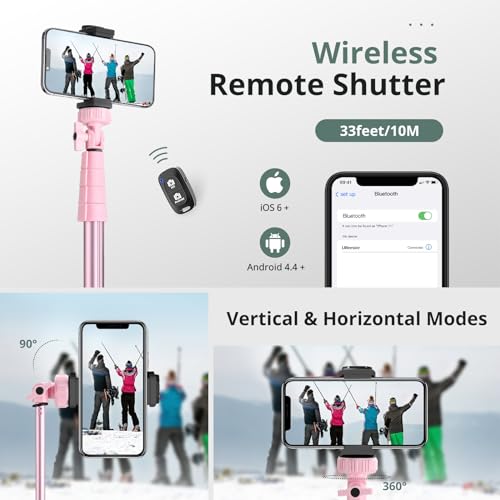 SENSYNE 72" Phone Tripod & Selfie Stick, Extendable Cell Phone Tripod Stand with Wireless Remote and Phone Holder, Compatible with iPhone Android Phone, Camera, Pink - color: Pink, size: 72-inch