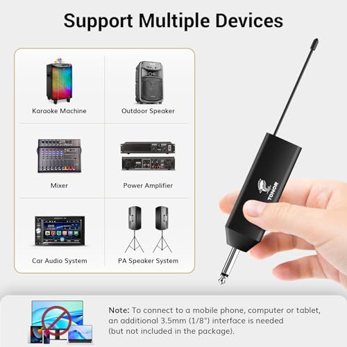 TONOR UHF Wireless Microphone System with Headset Lavalier Lapel Mic, Bodypack Transmitter, Rechargeable Receiver, 2 * 15 Channels 60 m/200ft Range 1/4" Output for Recording, 2 Bodypack Mics