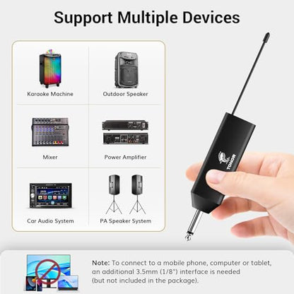 TONOR UHF Wireless Microphone System with Headset Lavalier Lapel Mic, Bodypack Transmitter, Rechargeable Receiver, 2 * 15 Channels 60 m/200ft Range 1/4" Output for Recording, 2 Bodypack Mics