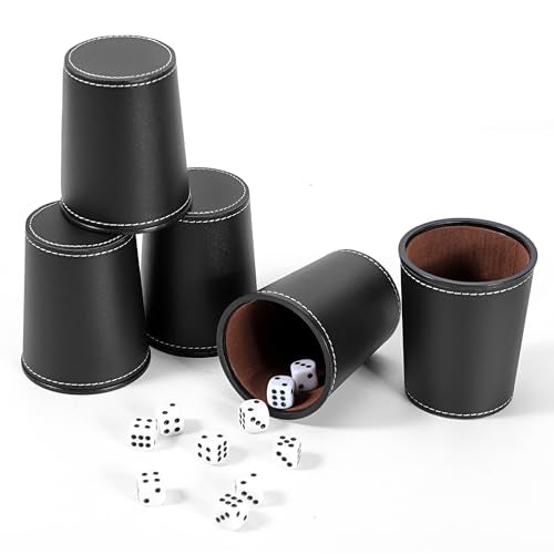 5X Dice Cup Set, PU Leather Dice Shaker Cups with 30 Dices for Bar Party Yahtzee Farkle Dice Games, Coffee (5, Black) | PU leather dice set with 5 felt-lined cups, 25 dice and storage case for Liar’s Dice, craps, backgammon and party games - color: Black