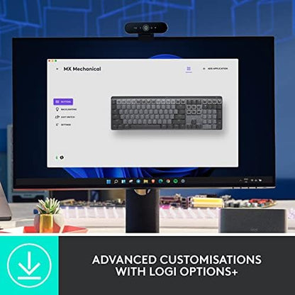 Logitech MX Mechanical Wireless Illuminated Keyboard Tactile - Graphite | Illuminated performance, backlit keys, Bluetooth, USB-C, macOS, Windows, Linux, iOS, Android, metal construction - size: Full Size, style: Tactile (quiet typing)