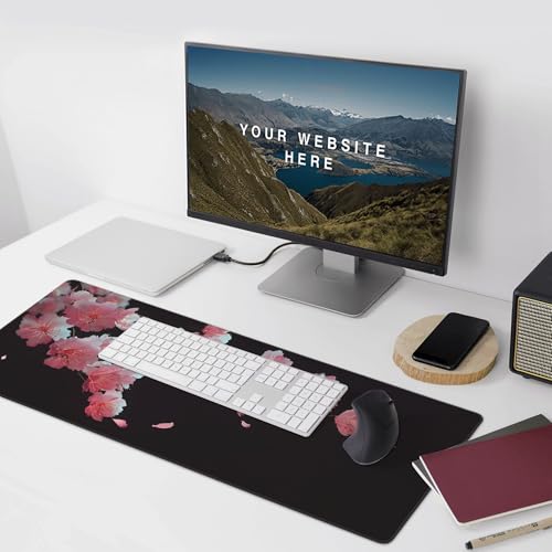 Cherry Blossom Extended Gaming Mouse Pad, Non-Slip Rubber Base, Washable, Oversized Desk Mat, 35.4" x 15.7" Inches - color: Japanese Watercolor Cherry Blossoms