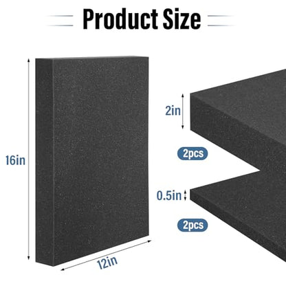 4pcs High Density Packing Foam Sheets, 2 Size Black Polyurethane Foam Padding, Cushioning Foam Inserts for Cases, Shipping, Storage Drawer (16" X 12" X 0.5" / 2") - size: 0.5" & 2" Thick