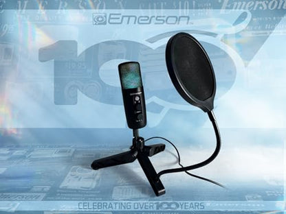 Emerson EAM-9052 USB Gaming & Streaming Condenser Microphone with LED Lighting and Pop Filter