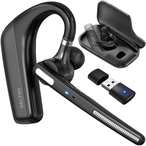 Delton Ultralight Bluetooth Headset with Noise Cancelling Microphone | Bluetooth Earpiece with Charging Case, Auto Pair USB Dongle for PC/Laptop, Compatible with MS Teams, Zoom and More - Black