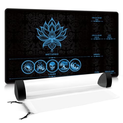 MTG Playmat with Zones – Lotus Sketch Blue 24x14 Card Game Mat for Magic The Gathering, Stitched Edge, Non-Slip Rubber Base with Prismatic Playmat Tube – Lotus Blue Zone - color: Lotus Blue Zone