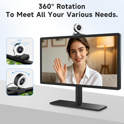USB HD 1080P Video Webcam，with Ring Ligh and Microphoneand Rotatable Tripod& Privacy Cover for PC，, Fast AutoFocus，with Auto White Balance for Video Calls, Live Streaming Gaming & Online Meetings