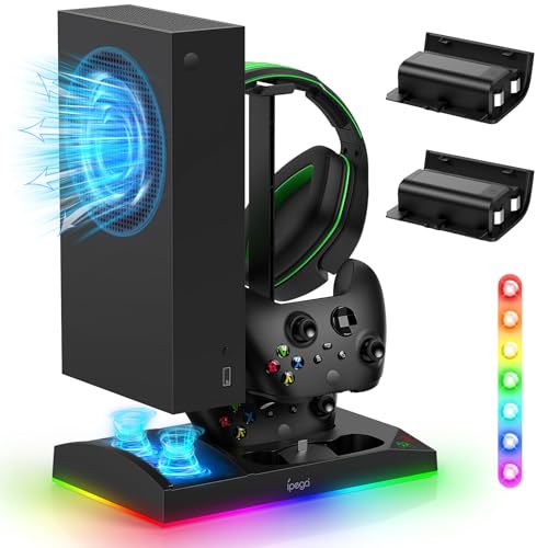 Upgraded RGB Cooling Fan Charge Stand for Xbox Series S Console &Controller | Dual Charger Dock Cooler System Stand with 15 Colorful Light Modes Accessories with 2*1400mAH Rechargeable Battery, Black - color: Black