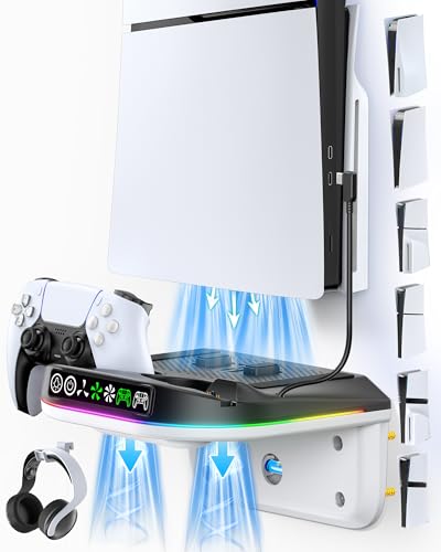 P S5 Wall Mount Kit with Cooling Fan and Charging Station Compatible with PS5/ Slim/ Pro Disc and Digital, PS Five Floating Shelf with 9 RGB Lights, PS 5 Mount Behind TV, P5 Accessories for Gaming, Black and White - color: Black and White