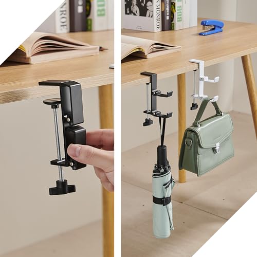 Heavyrain Desk Edge Headphone Holder and Bag Hook, Clamp-On Design, No Drill Installation, Metal, Black - color: black.