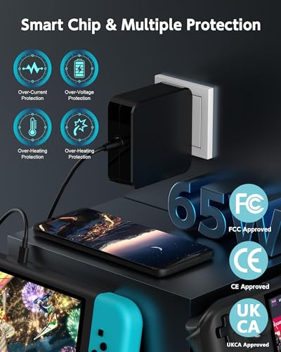 65W USB C Fast Charger Compatible with Nintendo Switch 2 Steam Deck OLED & ROG Ally/TV Dock/Quest 3/ Play-Station Portal,JBL Xtreme 4 AC Adapter with Foldable Plug & 6.6FT USB-C Cable
