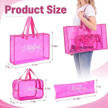 3 Pcs Clear Mahjong Bag Set, Waterproof PVC Tote Bags with Zipper Closure Large Medium Carry Bag with Storage Pouch Transparent Organizer for Mahjong Tiles, Travel,Game (Red) - color: Red