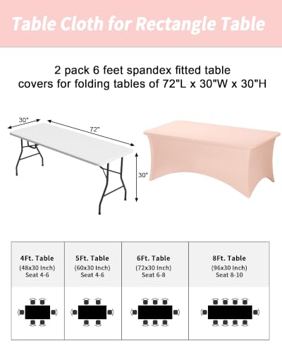 Fixwal Pink Stretch Table Cloth Rectangle 2 Pack 6FT, Spandex Fitted Table Covers Washable for Party, Trade Show, Banquet, Wedding, Buffet - color: Light Pink, size: 6 Ft