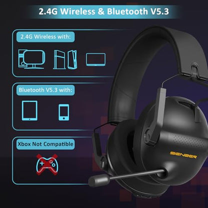 SENZER Wireless Gaming Headset with Microphone - 7.1 Surround Sound, Noise Canceling Mic, 2.4GHz Wireless & Bluetooth 5.3 - Foldable Gaming Headphones for PC PS5 PS4 (Not Xbox Compatible)