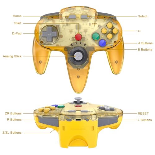KIWITATA Wireless N64 Controller for Switch Console, 2.4GHZ N64 Remote Joystick Game Controller Compatible with Switch(1,2), Raspberry Pi, MAC, Windows 7/8,10,11 Clear Yellow - color: Clear yellow