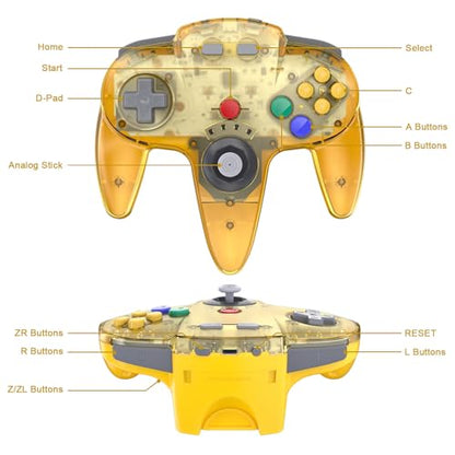 KIWITATA Wireless N64 Controller for Switch Console, 2.4GHZ N64 Remote Joystick Game Controller Compatible with Switch(1,2), Raspberry Pi, MAC, Windows 7/8,10,11 Clear Yellow - color: Clear yellow