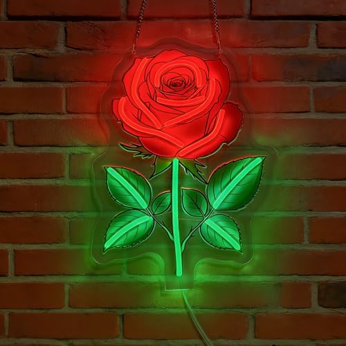 LED Red Rose Neon Sign Light Up Flower Lights Lighted Love Neon Signs with Base for Bedroom Dorm Hallway Garage Bar Gaming Room Man Girls Cave Tabletop Wall Decor Art Gifts - color: Red Rose